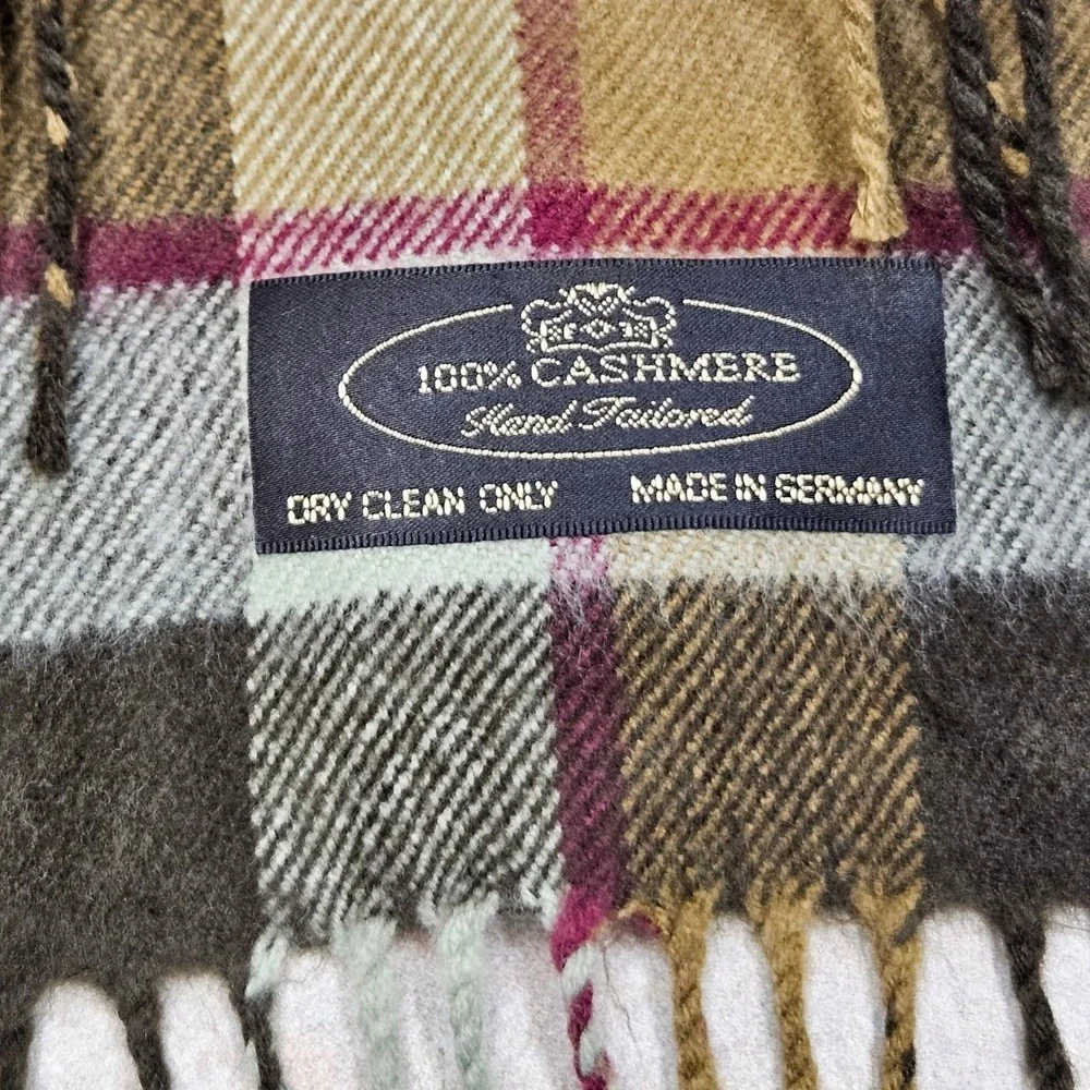 Hand Tailored Scarf Mens Brown Plaid 100% Cashmere Made in Germany Fringed Soft